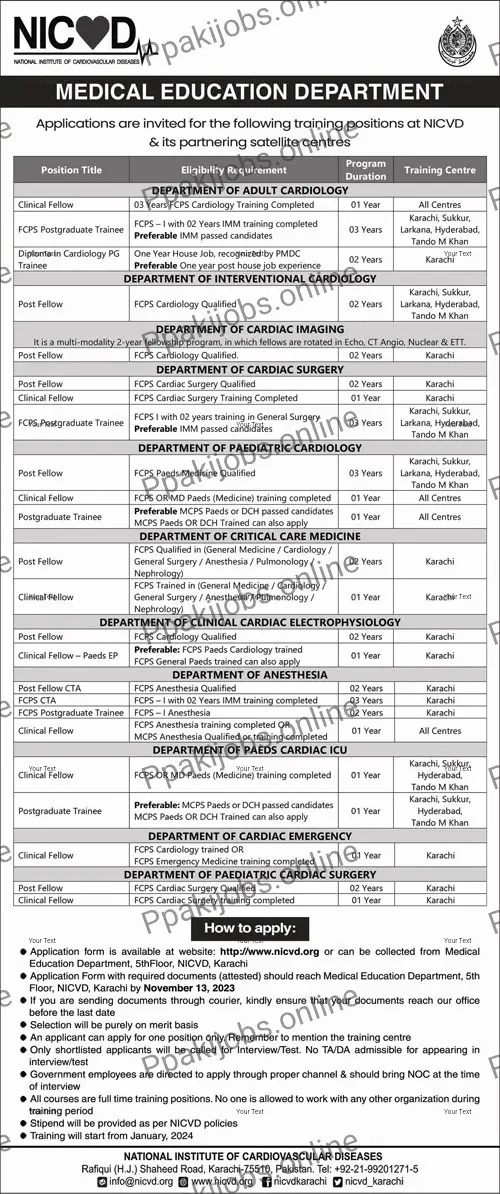 New vacancies National Institute of Cardiovascular Diseases NICVD Jobs